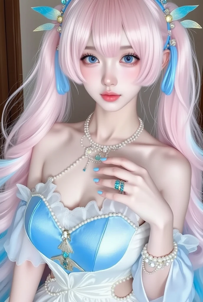 Light blue and pink color scheme,Sexy girl nipple,little body,Petite,White curly hair