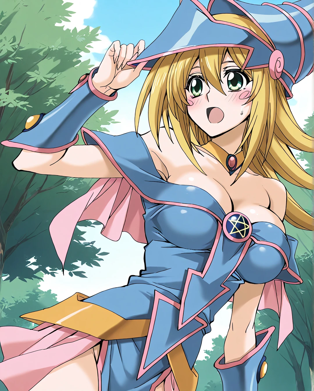 <lora:Traditional_Media_Anime:1>, ((masterpiece,best quality)),  absurdres, <lora:dark_magician_girl_v1:0.7>, hmdmg1, wizard hat, blush, blush stickers, cleavage, bare shoulders, dress, off shoulder, solo, smiling, looking at viewer, cowboy shot,