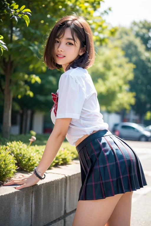 ((best quality)), ((masterpiece)), (detailed), 1girl, sexy,NSFW, 8k RAW photo, highest quality, masterpiece, 超A high resolution, film grain, movie, 1 girl, looking at the viewer, natural skin texture, Realistic eye and face details, lip whole, lipstick, (compensate), red eyeshadow, Panties with lace, light blue panties, ta Panties, open your legs, Low Camera, inside the skirt, nipple, fluffy short hair, laughter, close your mouth, beautiful foot, tall woman, skin, slim_foot, solo, huge breasts, cleavage, super short skirt, butt, shirt, beautiful natural places, Around the flower position, (detailed background), tartan check skirt, White shirt, Blurred background b, short sleeve, jk ribbon, of black hair, bangs, uniform, pleated skirt,cute panties, buckshot, Stick out your butt, Put out butt