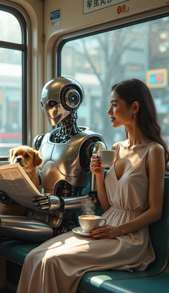 A dancer and a wooden soldier drinking coffee