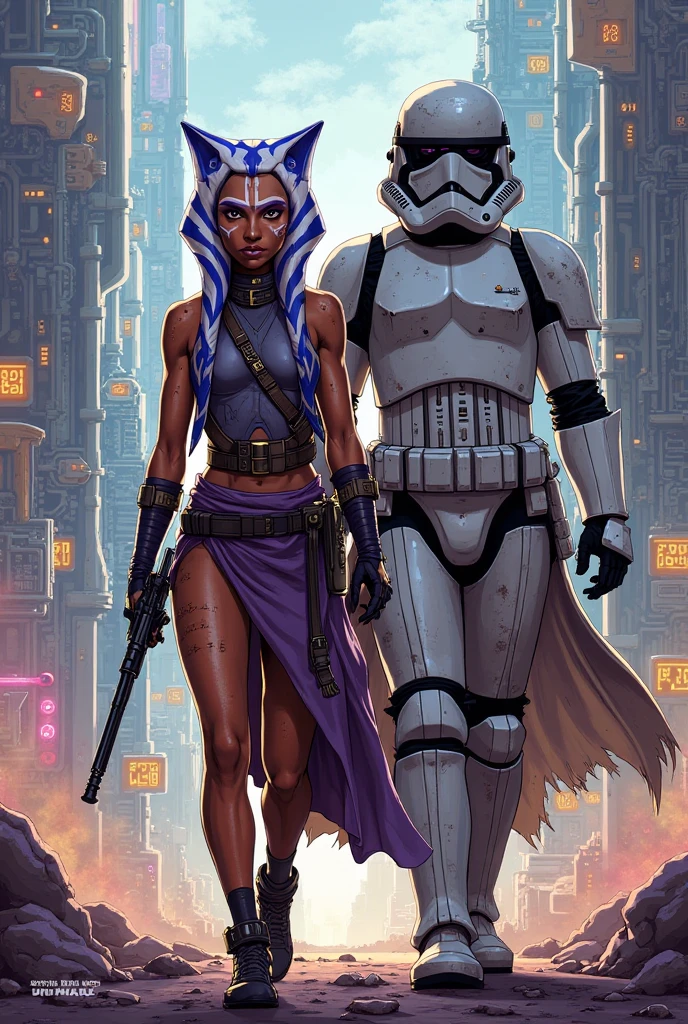 "Artistic Image, african woman, The center of this scene is Boba Fett of Star Wars, full body portrait with iconic Star Wars mask. She is seen on the lekki ikoyi link bridge in lagos nigeria, adorned with Star Wars Tattoo art, navel piercing. The image should be a blend of digital illustration and anime, featuring a level of detail that brings the character and scene to life. The Boba Fetts anatomy is athletic, capturing the essence of both freedom and soul. Drawing inspiration from Masamune Shirow, the illustration features sharp focus, smooth transitions, and an underlying watercolor aesthetic. The environment is filled with digital screens, boats and neon lights, adding to the cyberpunk atmosphere.", 35mm, Medium Shot, Studio Lighting, Highly Detailed, Octane Render