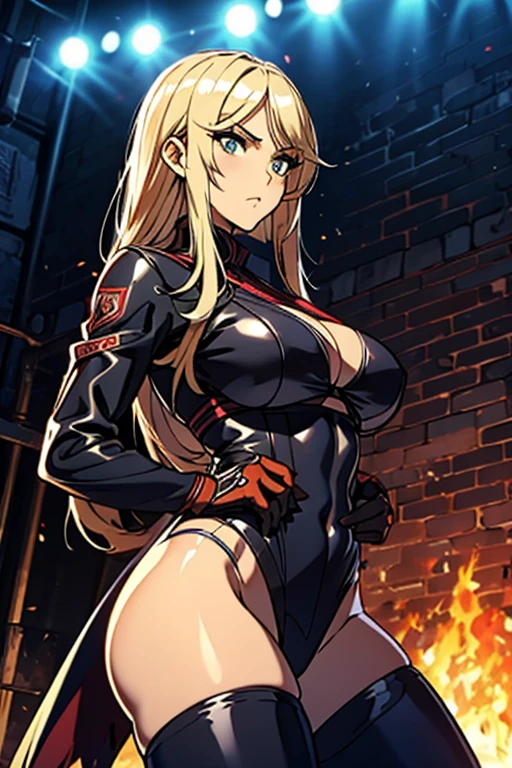 ultra-detailed, Explicit, Beautiful body, Beautiful Nose, Beautiful character design, perfect eyes, perfect face, ultra highres, 4K, beautiful legs, perfect legs, Nice hands, Perfect hand, Masterpiece, Best Quality, Highly detailed, illustration, absurdres, perfect anatomy, street fighter, doll suit, shadaloo doll, dollsuit, expressionless, blank eyes, looking at viewer, red gloves, emotionless, black latex, corrution, mind control, female combatant, full body, hypnotized, unhappy trance, full body suit, ribbed bodysuit, both arms at side, obey, perfect female body, extremely glossy latex, hypnosis, hypnoLora, empty eyes, Mind control device, poses, submissive_pose, Slave, lying down straight, lying down, lying down at attention, hat, necktie, belt, latex, ribbed bodysuit, thighhighs, garter belt, Fighting Stance, extending the right arm from the shoulder into the air with a straightened hand, military, thigh boots, 1girl, hair ornaments, blonde hair, long hair, blue eyes, (((pixel-perfect, detail-perfect))), solo, 1girl, Yuinshiel Asteria, Regalia: The Three Sacred Stars