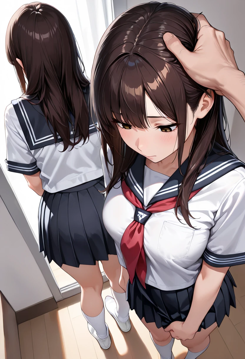 female teacher(36 years old、Brown Hair、tall、blazer)and female student(12 years old、Red hair、Flat Chest、、Sailor suit)are quarreling、Angry expression、Glare、Undressing