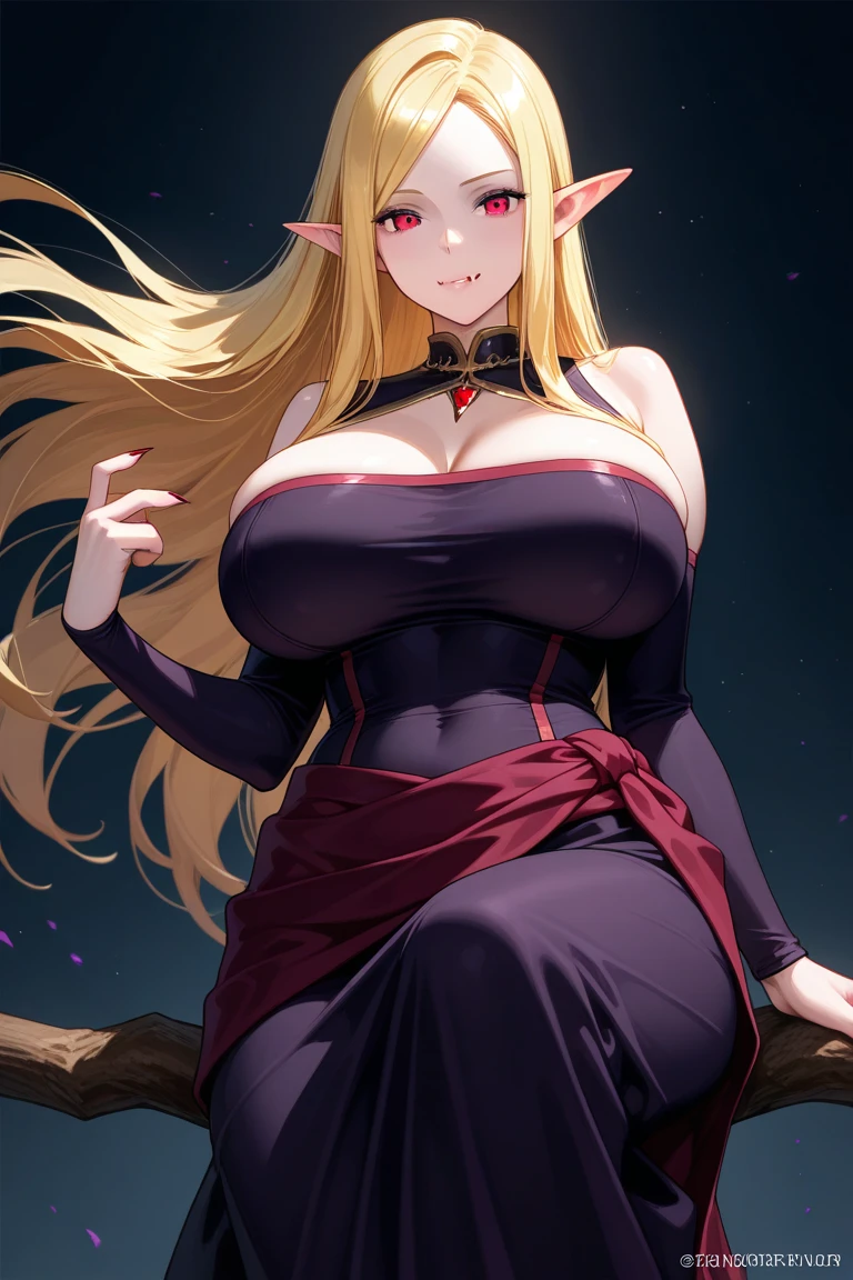 (masterpiece, best quality:1.2), 1girl, solo ,Isabella,huge breasts,pointy ears,green eyes,blonde hair,mole,mole under eye, slim waist, red dress, full body,