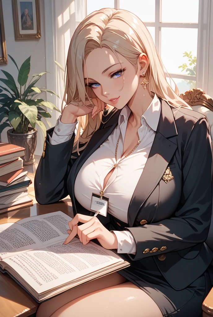 book, bookshelf, library, building, jewelry, 1girl, book_stack, necklace, long_hair, city, skyscraper, sheet_music, cityscape, , bracelet, paper, papers, office, watch, newspaper, wavy_hair, cleavage, holding_book, menu, dress, town, solo