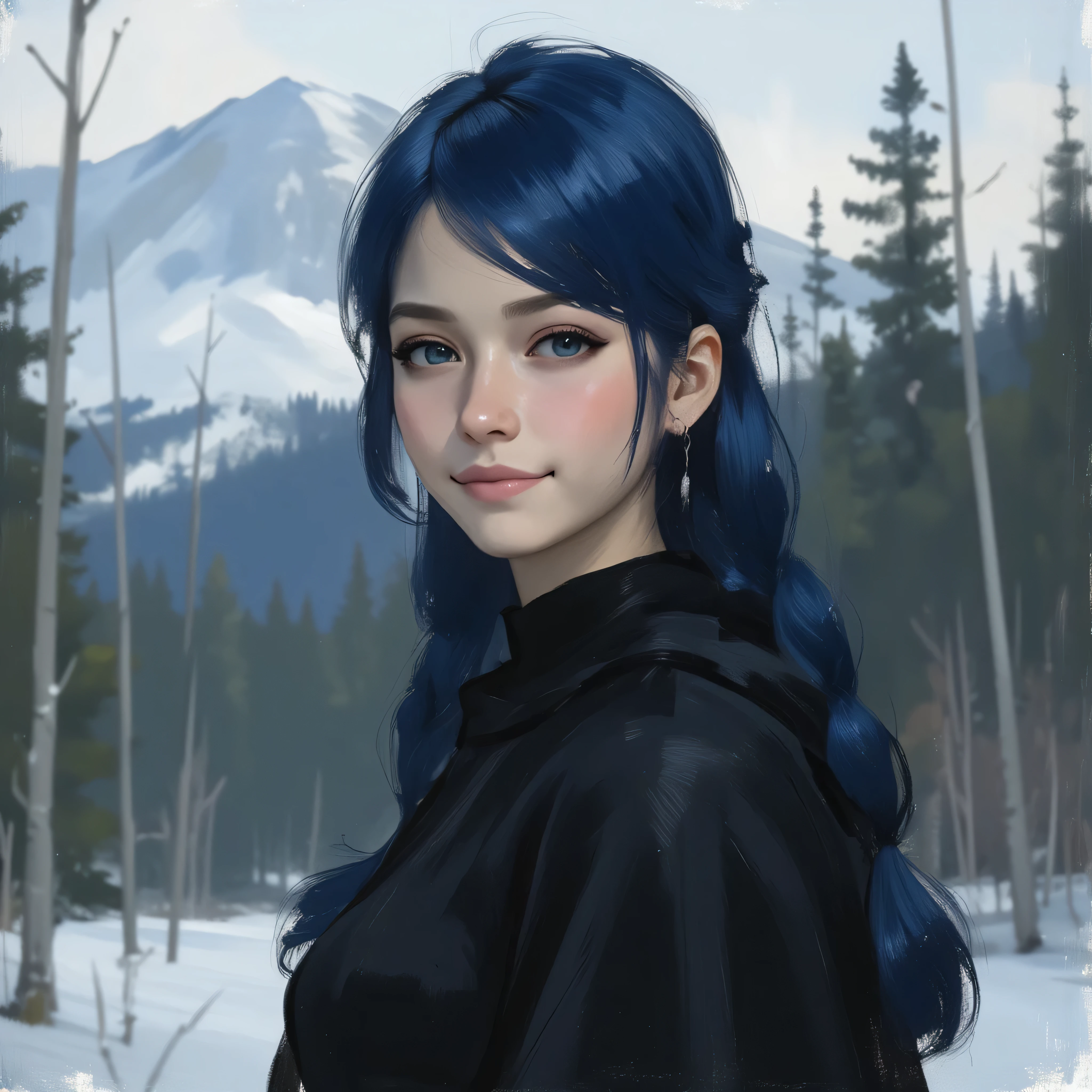 A very beautiful 22 year old a lady paladin warrior, beautifully detailed eyes, (((honey-colored eyes: 1.5))), (beautiful and detailed candy pink lips, thin lips, slight shy smile), (((long DeepSkyBlue hair))), hair braided on one side, shiny hair, ((full body view, dynamic pose, standing: 1.5)), (graceful pose), (((black cape))), ((Masterpiece, high quality, UHD, 8k, 16k)), sharp focus, no blur, film grain, dynamic angle, wide angle, panoramic, stunning image, epic landscape, soft lighting, cinematic lighting, top quality, (Best Quality), vibrant, colorful. Winter forest background, 1mountain in the background, blurred background, (depth of field), bokeh.
