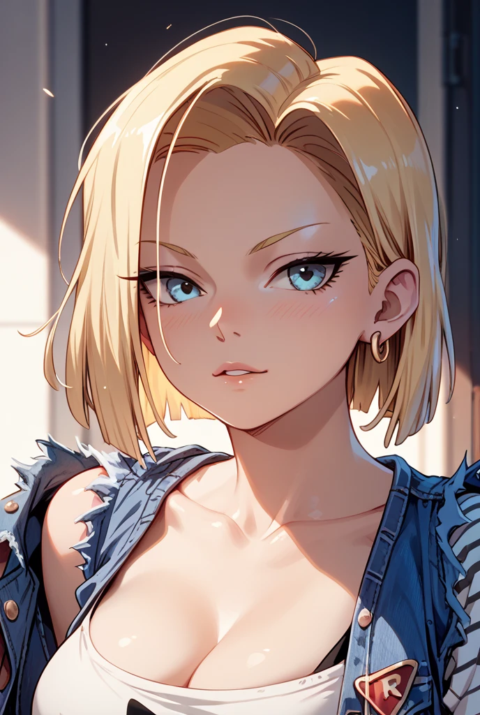 Android 18,One adult woman,Tall Woman、Erotic pose,Highest quality,masterpiece,figure,Very delicate and beautiful,CG,Unity,8k wallpaper,wonderful,In detail,masterpiece,Official Art,Very detailed CG Unity 8k wallpaper,Incredibly absurd,Large file size,Super detailed,High resolution,Very detailed,Beautiful detailed girl,Realistic,from the front,Outdoor,Light contrast,((Big Breasts)), Big Breastsの谷間を強調している