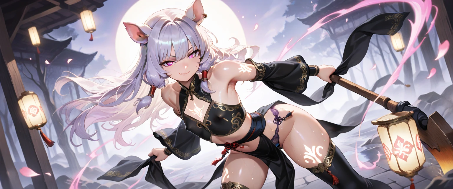 ((Masterpiece)), (Best Quality), Solo, miosha1, hair ornament, ponytail, wolf tail, swimsuit, white shorts, thigh strap, black jacket, leaf print, collar, string bikini, (NSFW:1.2)