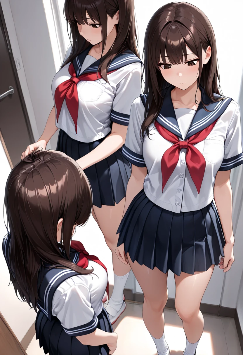 Two high school girls running down the school corridor、seductive smile、There is movement、Sweating