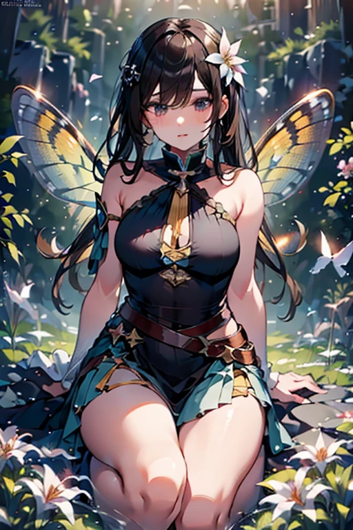 NSFW, ((masutepiece)), ((best quality)), ((ultra-detailed and intricate)), beautiful girl in a blue skirt with butterfly wings, ((hyper-realistic and lifelike)), ((shimmering and iridescent wings)), ((realistic and delicate flowers on the forest floor)), sunbeams filtering through the trees, ((natural and soft lighting)), ((Solo Shot:1.0)), long curly brown hair, ((green and blue hues in the background)).
The girl wears a flowy, knee-length blue skirt that sways gently in the breeze as she stands still, staring in awe at the magical sight in front of her. Her butterfly