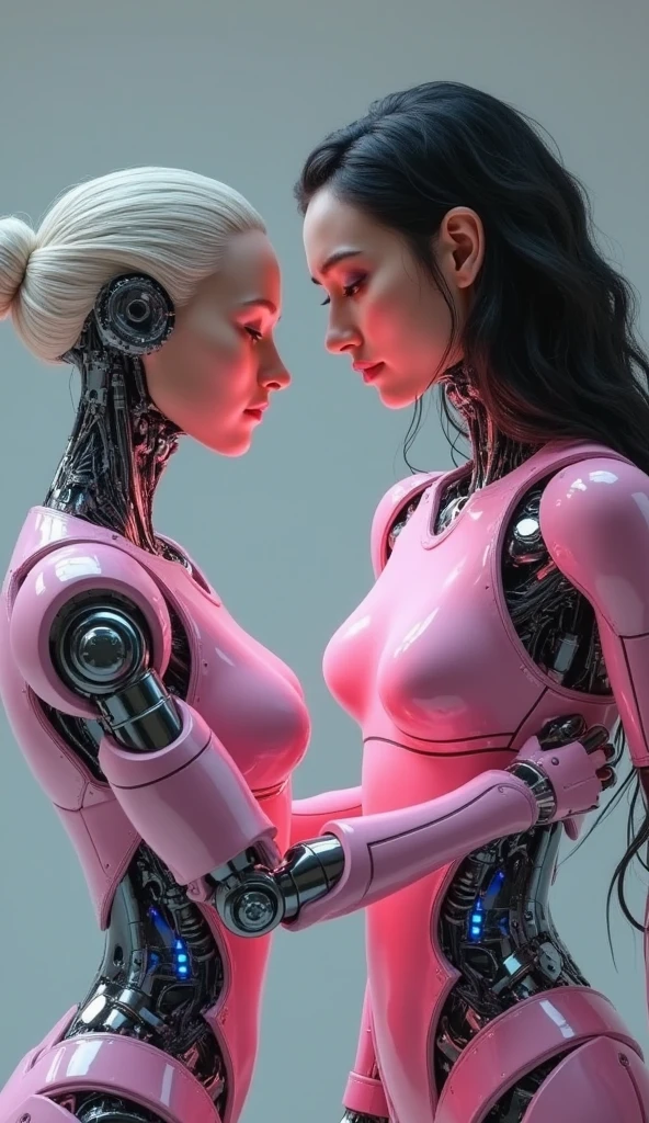 female robot wearing hijab, white breasts, pink lips, white body, robotic arms, long nails, seductive expression, stroking a teenage b