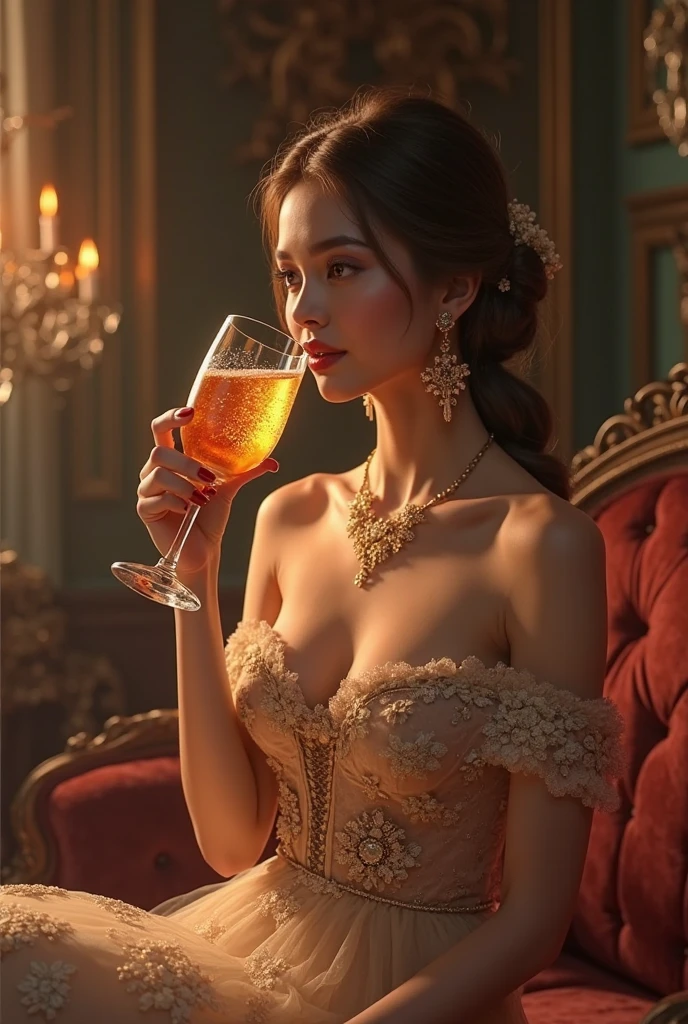 (((full medium shot))), (Masterpiece, photorealistic, photorealism, best quality, ultra-detailed:1.3), (nice hands, perfect hands), official art, cinematic light, (1girl:1.3), adult, solo, long hair, breasts, looking at viewer, black hair, dress, holding, cleavage, jewelry, medium breasts, earrings, black eyes, black dress, bracelet, cup, lips, makeup, wavy hair, alcohol, drinking glass, champagne flute, champagne, beautiful, delicate, intricate, elegant, highly detailed, very sharp focus, glowing, clear, artistic, romantic, scenic, rich deep colors, enhanced, bright, inspired, lovely, marvelous