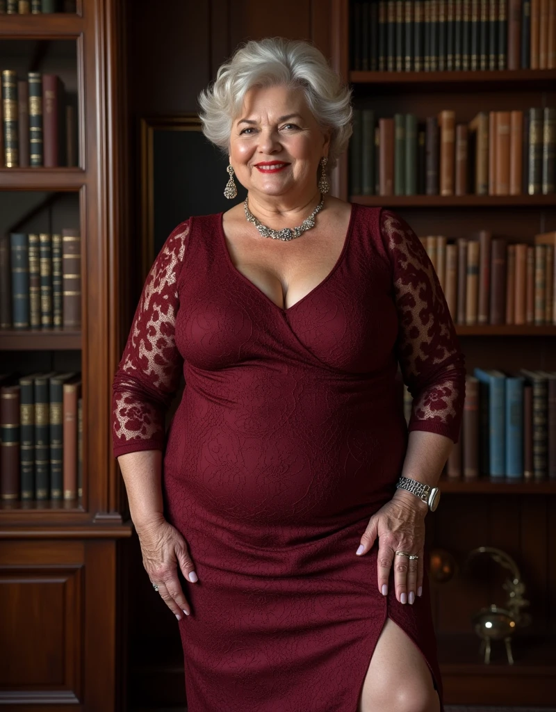 Overweight curvy 60 plus American stylish big body aged elder Women wearing mini cocktail dress with a fitted bodice and a flared skirt. Use luxurious fabrics like satin or silk, and add embellishments such as sequins or lace for a glamorous touch.very big breasts representing their big size lurking downward
Lipstick long earnings