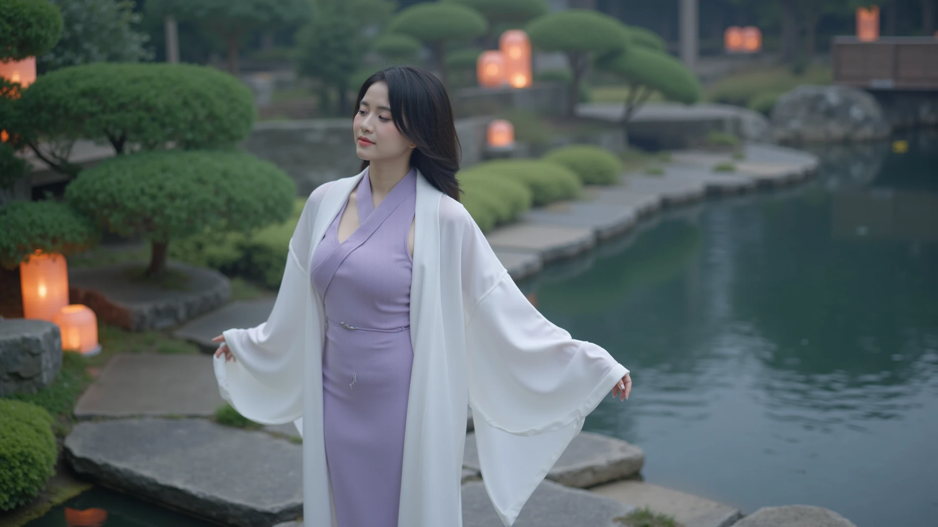 A Korean woman with a model figure, 167 cm tall, D-cup bust, light-colored long straight hair, and dark blue eyes.、Almond eyes with beautiful eye makeup, clean nose and mouth, clear and shiny skin, well-groomed nails on her hands and feet, a perfect smile, wearing a white Vietnamese ao dai, walking along the cobblestones at the Koyasan Candle Festival at night.1At the end of the main road, at the top of the stone steps, is the inner sanctuary.、There are candles and old stone lanterns standing along the stone path. Outside the lantern is a cedar forest.、At night by candlelight、A very romantic atmosphere. The camera is pointing from behind the Korean woman towards the inner sanctuary.