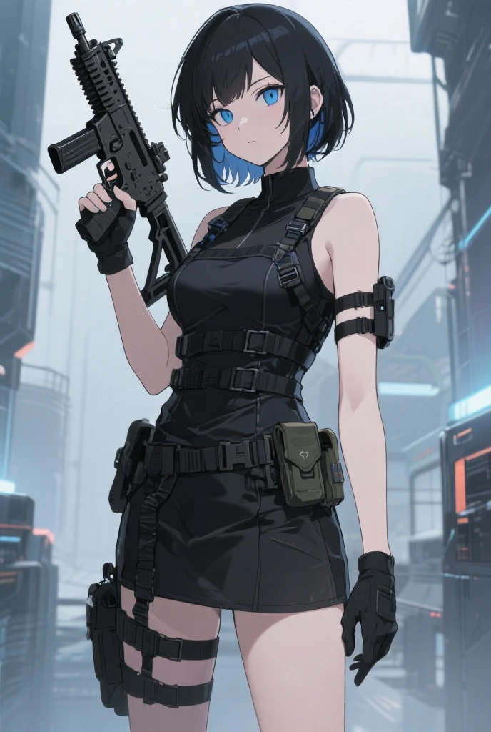 ((purple haired woman)), ((long legs)), ((black jeans and a short white top)), ((big breasts)), ((aiming a machine gun)), ((brown boots)), ((crouching))