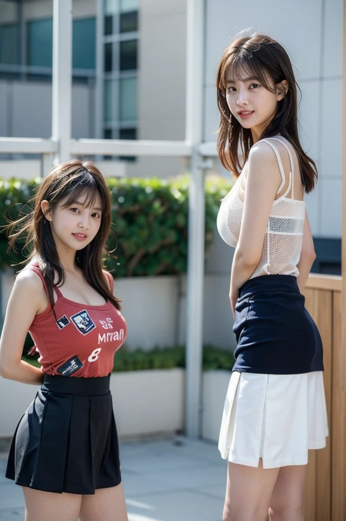 (in 8K, Raw photo, 超A high resolution, Best Quality, masutepiece:1.2), (realistic illustration), (the Extremely Detailed CG Unity 8K Wallpapers), absurderes, 2 girls in, 18 yo, Beautiful face, Large breasts, Black medium hair, Smile, Tilting head, grin, Upper body, skirt by the, Deep V-neck sleeveless knit, Outdoor Tokyo Harajuku, Upper body, AKB48 Idol, 女優