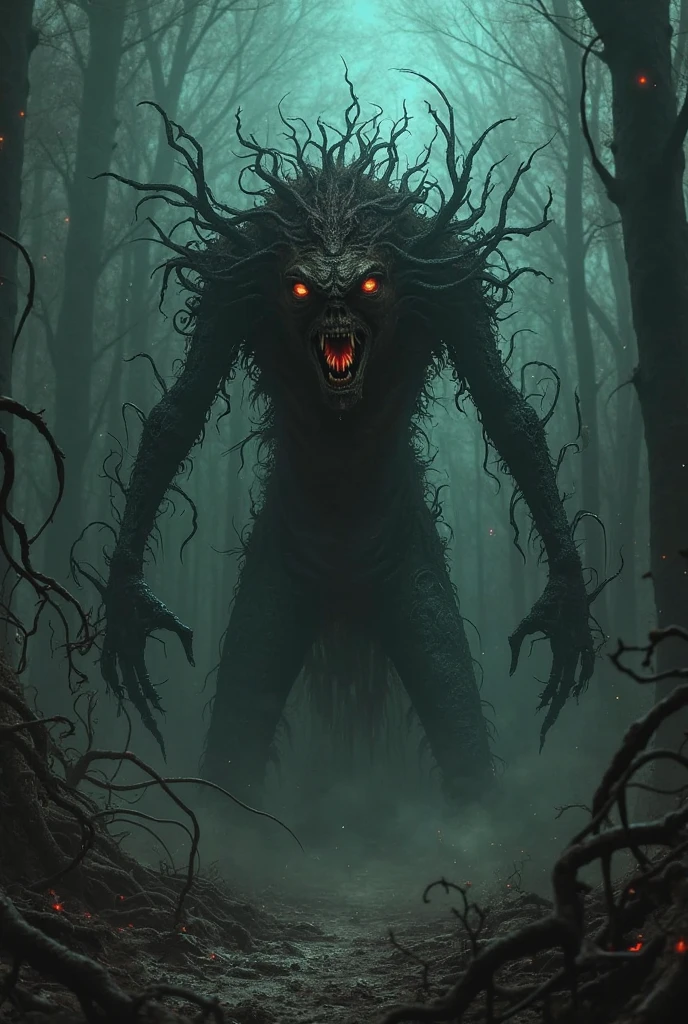 Create an eerie and captivating image of a lone lycan standing amidst a dense, ancient forest. The lycan should possess a formidable and otherworldly appearance, with glowing red eyes that pierce through the darkness. Its body is alien and monstrous, blending bestial features with subtle hints of a supernatural origin.
The forest itself should be portrayed in a dark medieval fantasy style, with towering trees twisted into gnarled shapes and tangled roots that seem to reach out like grasping claws. Moonlight filters through the thick canopy above, casting ethereal shadows and highlighting patches of moss and eerie luminescent fungi on the forest floor.
The atmosphere is thick with mystery and foreboding, as if ancient legends and dark secrets lurk within the depths of the forest. The lycan, a creature of primal instinct and unearthly power, stands as a sentinel in this realm of shadows, embodying the raw and untamed essence of the wilderness in a world where magic and darkness intertwine.
