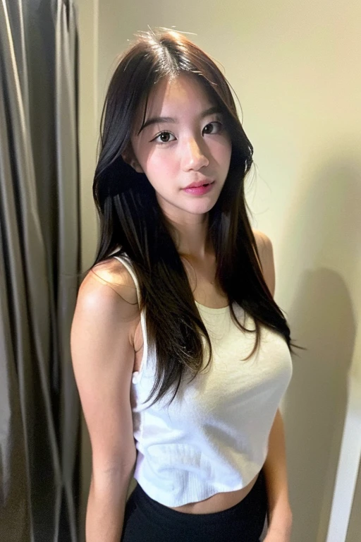 (best quality, masterpiece:1.2), white background, realistic, (casual date outfit: 1.2), (oversized plain t-shirt: 1.2), (baggy pants: 1.2), (brown hair:1.2), big eyes, beautiful woman, smile, eyelashes, highly detailed face, fierce look, angry look, looks like a naughty celebrity but is a good girl, virgin girl, inexperienced virgin girl, full body, (slanted angry eyebrows: 1.6), (discrete sex appeal: 1.0), (big smile: 1.2), (open mouth smile: 1.2), (happy: 1.2), (kind face: 1.2), (genuine smile: 1.2), (genuine smiling eyes: 1.2), extremely kind girl, self conscious about eyebrows, (thick eyebrows: 1.6)