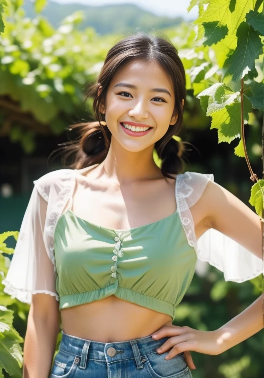 A woman wearing a brightly colored striped dress, bob hair, Turn your head directly to look at the camera., charming smile, smile showing teeth, beautiful portrait, Half-Thai-Chinese woman, , Half-Thai-Chinese woman, beautiful young woman, beautiful young woman, Half-Thai-Chinese woman, beautiful female model, beautiful female model, lovely young woman, beautiful young woman, lovely young woman, Half-Thai-Chinese woman, In the grass field of flowers, Stand face straight., see full body