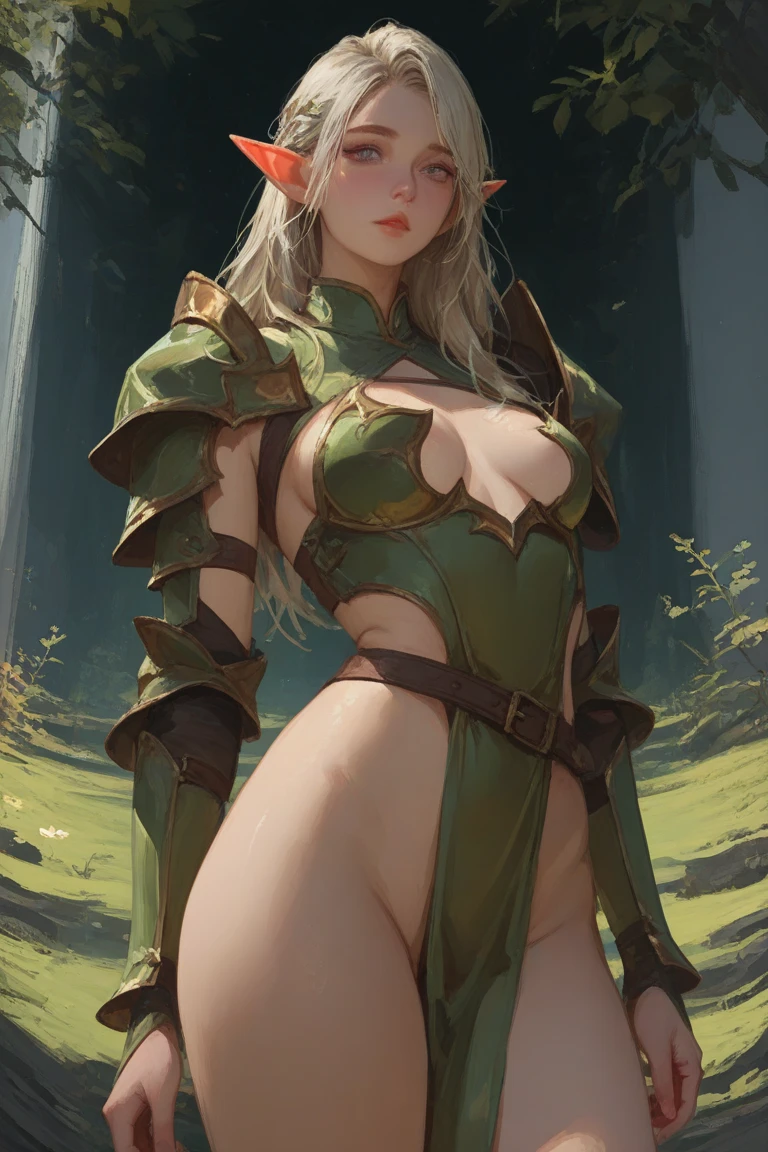 ((masterpiece)), ((Best quality)), ((A high resolution)), ((extremely detailed wallpaper CG unified 8k)), ((on a tree branch in a deep forest:1.3)), ((Elven Character, pointed elf ears, wavy blonde hair, green eyes, Bare skin:1.2)), cowboy shot, skin moist and shiny, In a flowing minidress and leather armor with gold jewelry., long leather boots, ((tilts his head, front view:1.2)), ((Squat with legs apart)), Huge breast, (1 woman, elven featured face, seductive expression, massive bulging breast, beautiful green eyes, braided ginger hair, thick hips, narrow shoulders, hourglass, thick bush, camel toe), ((NSFW, spread pussy)), (ecstasy + ecstasies),