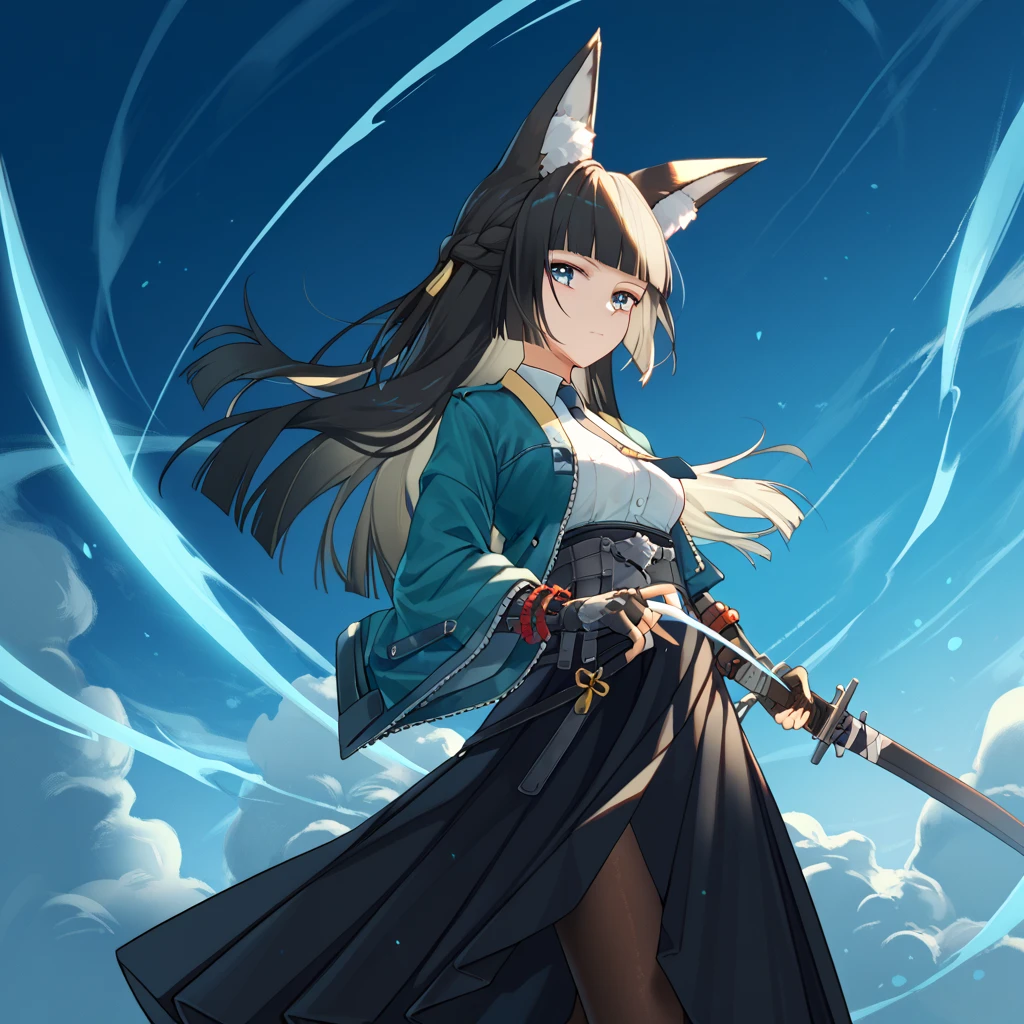 ((best quality)), ((masterpiece)), (detailed), Foxgirl, fantasy, mythical, fullbody, brunette, sword, japanese, tail, thigh highs
