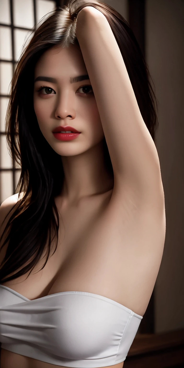 ((Quality with attention to detail:1.2)), ash-gray hair, A dreary look、(((big breasts、、areola:1.1、nipples)))、open chest, black cool dress, black cape, Widespread poverty, Short haircut、short hair, two ponytails、ash-gray hair