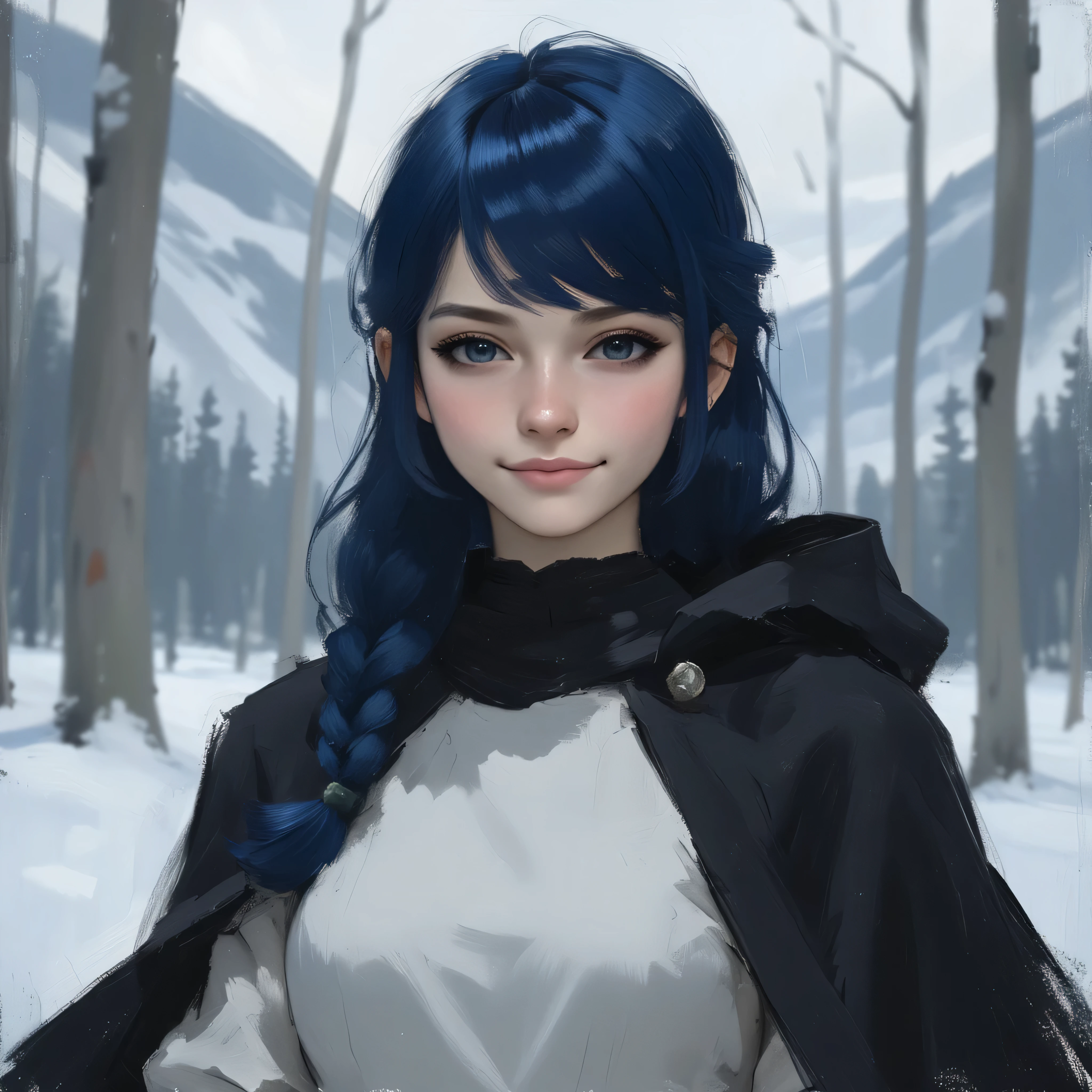 A very beautiful 22 year old a lady paladin warrior, beautifully detailed eyes, (((honey-colored eyes: 1.5))), (beautiful and detailed candy pink lips, thin lips, slight shy smile), (((long DeepSkyBlue hair))), hair braided on one side, shiny hair, ((full body view, dynamic pose, standing: 1.5)), (graceful pose), (((short white skirt, black cape))), (((Masterpiece, high quality, UHD, 8k, 16k))), sharp focus, no blur, film grain, dynamic angle, wide angle, panoramic, stunning image, epic landscape, soft lighting, cinematic lighting, top quality, (Best Quality), vibrant, colorful. Winter forest background, 1mountain in the background, blurred background, (depth of field), bokeh.