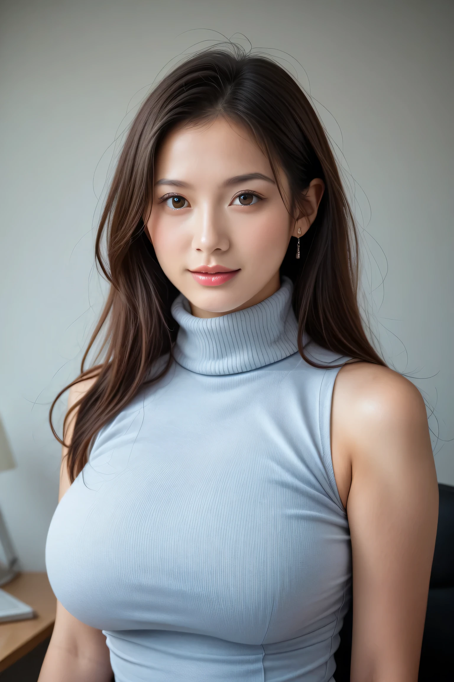 ((masterpiece, best quality, 最HDのKiによる撮影, HD , photorealistic, RAW photos , highly detailed CG integrated 8K wallpaper)), 1 girl , alone, beautiful young woman, Realistic Skin Texture , office, ((( turtleneck , , Sleeveless, 細いupper body, a slightly proud expression , upper body))), (Incredibly Big Breasts:10000000) , (huge breasts:10000000000) , (very large chest:10000000) , (big fake breasts:1000000000000000000000000000000000000000000000000000000000000) , Big round breasts