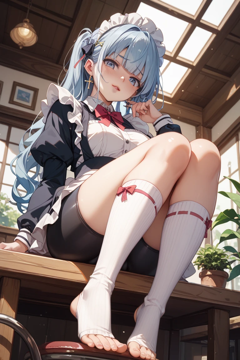 An anime loli sits on a table in white tights and looks down in disgust，The perspective looks up from the foot