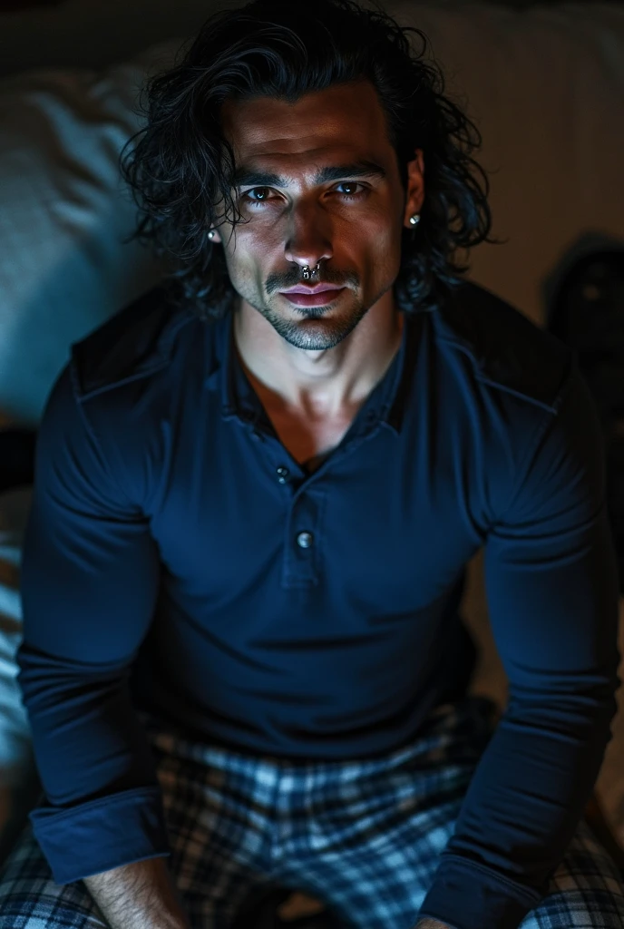 Handsome man , light mustache, hot muscular body , medium curly hair , phone selfie, best quality like its taken by iPhone 12 , wearing black baggy jeans and black jacket