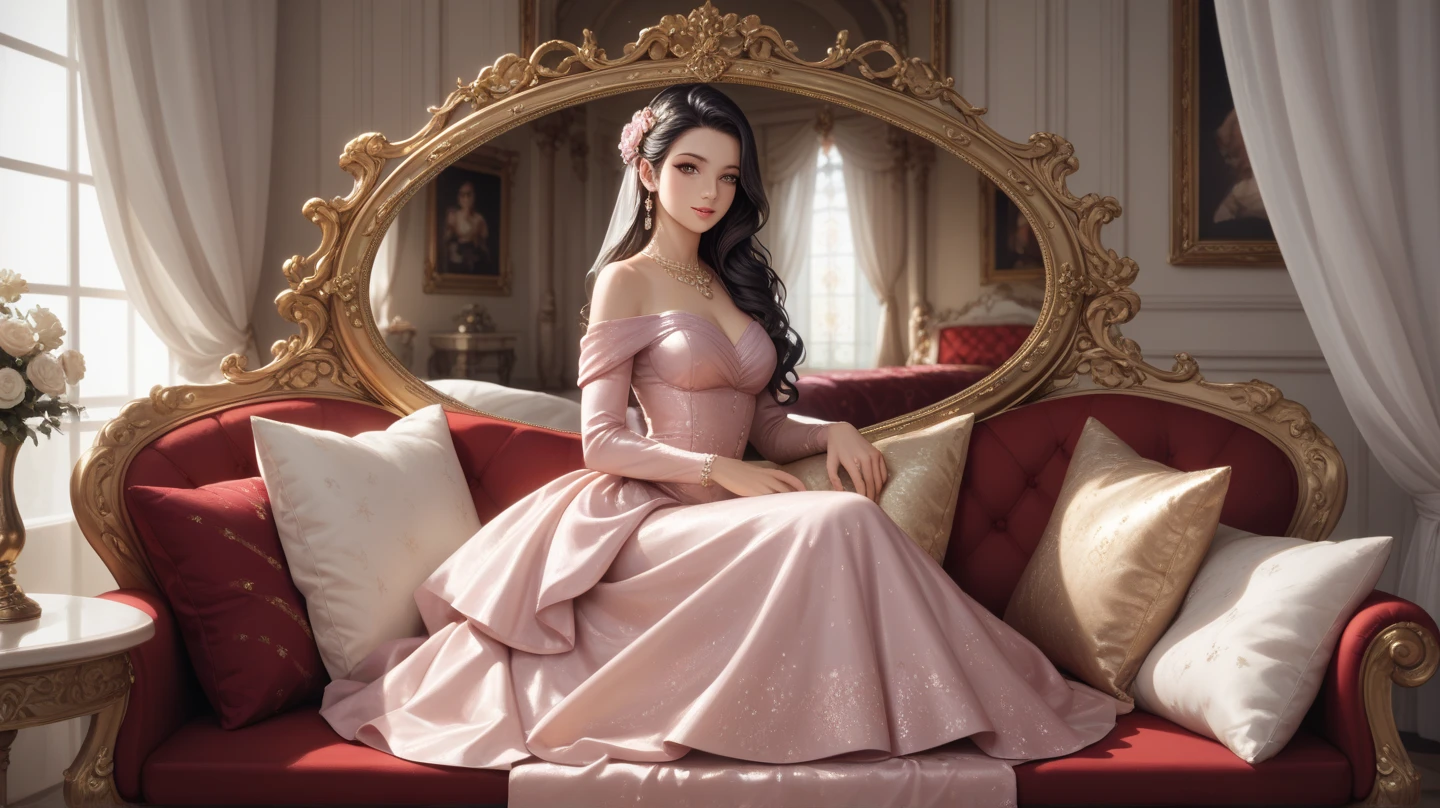 This is a realistic fantasy artwork set in the castle's enchanted rose garden. Generate a proud woman with a highly detailed face dressed in the folds of a stunning French silk ball gown. The woman's sweet face is ((((altamente detalhado, with realistic and smooth features, puffy lips.)))) The ball gown is embellished with ruffles, Faixas, e arcos e um, mas intrinsecamente, Hand-embroidered bodice. O espartilho apresenta fita de seda. The woman's stunning eyes are beautifully detailed, with realistic shading and multiple colors and high resolution. The woman is in a garden of eternal roses, cada um lindamente formado e altamente detalhado. Estas rosas realistas apresentam tons cintilantes de rosa, amarelo, laranja, e vermelho cintilante. The eternal rose is a deep shade of red with sparkling pink tones and tones. Garantir que o rosto da mulher, Hair, and the eyes are perfect. realismo, alta fantasia, fantasia caprichosa, storybook fantasy, fantasia de conto de fadas, Detalhes da fantasia, Encantadora, Encantadora, 8k, Contrata, .cgi, pintura digital, unidade, Motor irreal, (((master part))), intrincado, elegante, altamente detalhado, majestoso, fotografia digital, Arte de Artgerm e Ruan Jia e Greg Rutkowski, (master part, belos olhos finamente detalhados: 1.2), HDR, textura de pele realista, (((1Mulher))), (((sozinho))), Inclua um rosto altamente detalhado, Rosto extremamente detalhado, e fundo interessante.