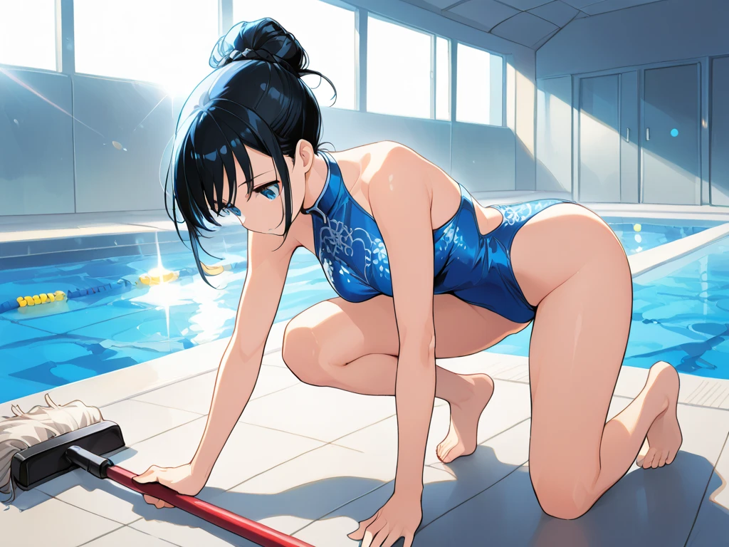 ((young sex,girl ,short stature,gyaru)) ,flat chest,flushed, flushing,black hair, twintail ,,nsfw,heavyset,poolside,one-piece-swimsuit,out the ass,excessive cum,orgasm
