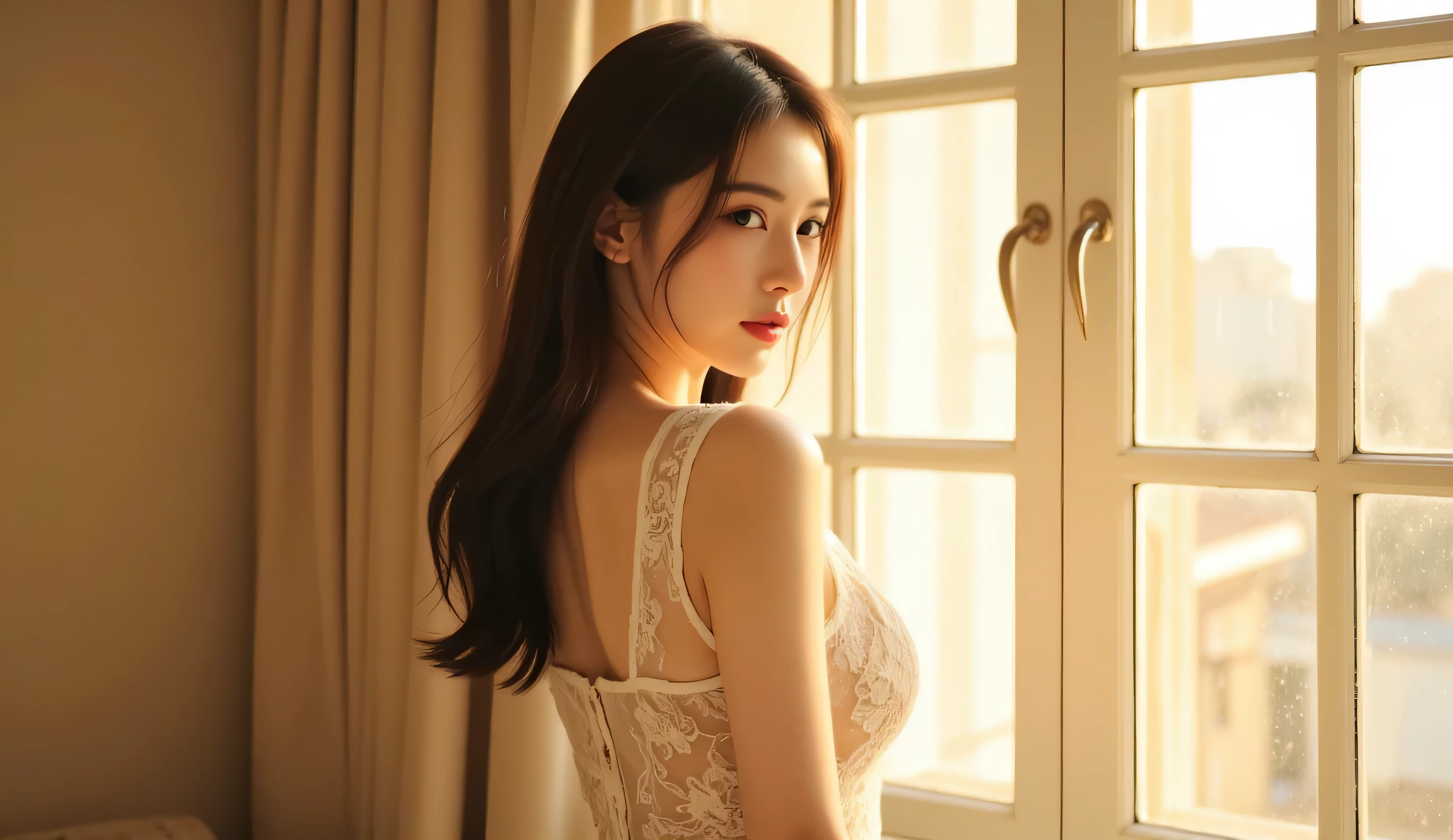 Stunning Asian model with an oval face and seductive eyes, standing beside a large window in a cozy beige room, wearing a transparent lace dress, full bust softly highlighted, looking back at the camera over her shoulder, golden light illuminating her figure — 4K cinematic quality