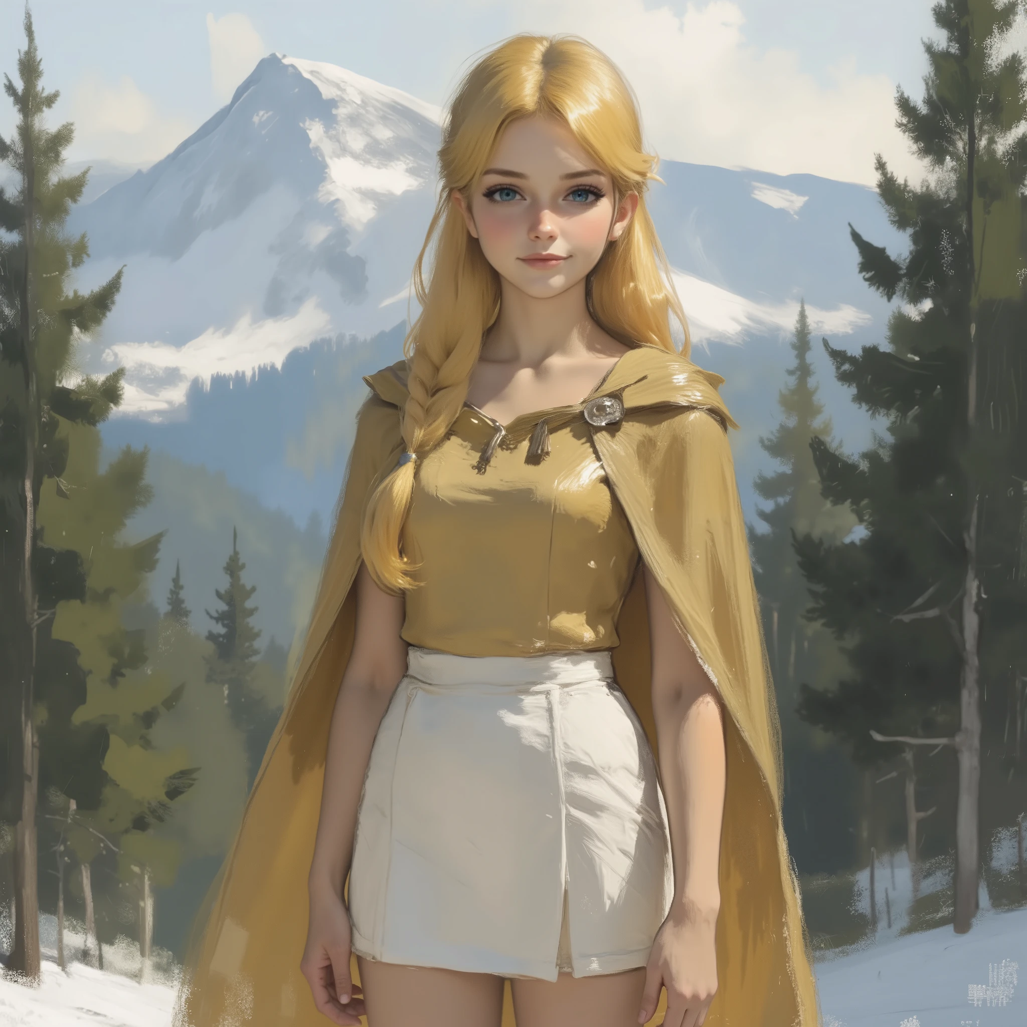A very beautiful 22 year old a lady paladin warrior, beautifully detailed eyes, (((DeepSkyBlue eyes: 1.5))), (beautiful and detailed candy pink lips, thin lips, slight shy smile), (((long spanish yellow hair))), hair braided on one side, shiny hair, ((full body view, dynamic pose, standing: 1.5)), (graceful pose), (((short white skirt, golden cape))), (((Masterpiece, high quality, UHD, 8k, 16k))), sharp focus, no blur, film grain, dynamic angle, wide angle, panoramic, stunning image, epic landscape, soft lighting, cinematic lighting, top quality, (Best Quality), vibrant, colorful. Winter forest background, 1mountain in the background, blurred background, (depth of field), bokeh.