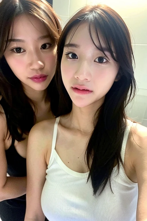 masterpeace, best quality, highres, 1girl, solo, upper body shot, dark hair, korean, winged eyeliner, perfect cleavage, perfect boobs, perfect body, tank top, begging for cumshot, horny eyes, open mouth, tongue out, cumshot, cum on cleavage, a little cum on face