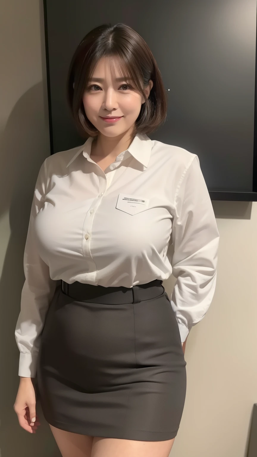 ((最high quality、8k、masterpiece:1.3))、Realistic, Sharp focus, high quality, High resolution, alone, Japanese, A kind smile,Middle-aged women,36 years old, Big Breasts, ((Big Ass 1.3))、Medium Long Hair, Wrinkles around the eyes, recruit、Tight Skirt、blouse、clerk、officeレディー、((Up to the thighs))、office、A seductive gaze