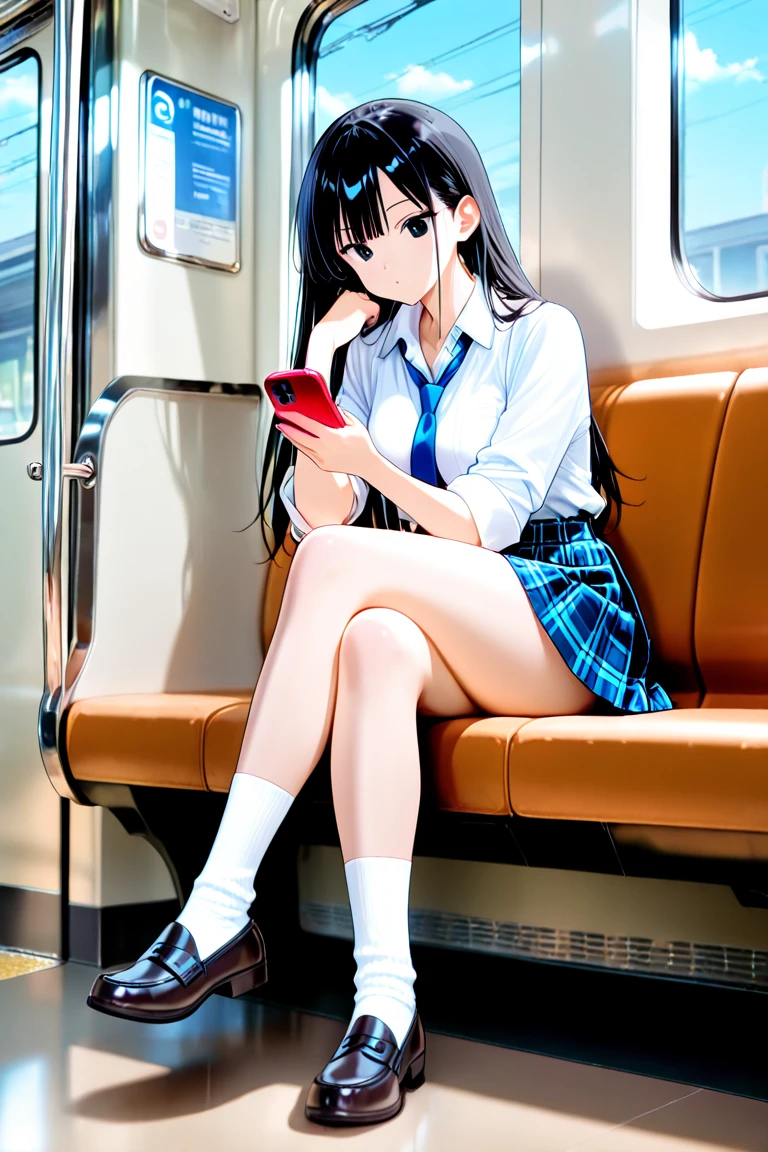 (looking away:1.4) ,( staring at smartphone:1.7),on the train, train interior, (sitting:1.3),(skirt:1.3), show off panties, white panties, (cameltoe:1.3), front view of front seat,(爆乳)