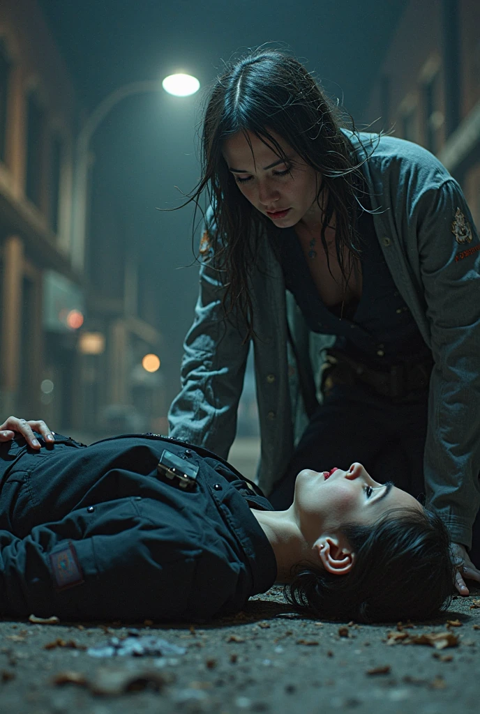 (Ultra-detailed,A high resolution,Masterpiece:1.2),Theater doctors,Blonde man and purple woman hugging,shot wounds,Blood,stethoscope,Medical Bag,Overwhelming emotions,ruined buildings,Smoke,flashing lights,dramatic scene,A hopeful expression,Empathetic eyes,Sympathy,Save lives,Love and care,Emergency rescue,Chaotic atmosphere,Torn clothing,Broken glass,Debris and dust,Heroic efforts,battleground background,Determination,Save lives,Vivid colors,Pain versus hope,Surreal lighting,Critical situation,Unwavering strength,Courage and resilience,Despair and determination are intertwined,Precision movement,Healing hands,Bloodstained gloves,Medical expertise,Heroism in chaos,Deep connection,Strong bonding.