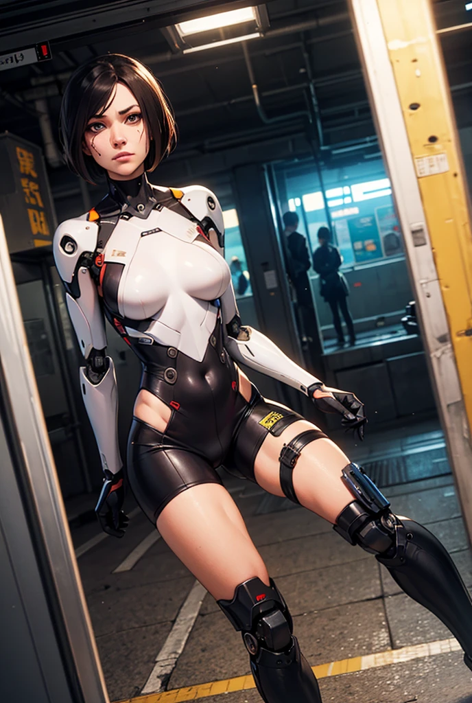 solo, super fine photo, portrait Unreal Engine 5 8K UHD of a girl in a skin tight futuristic black latex outfit with white jacket, slick black catsuit, black iconic character, smooth black skin, black body, PVC, glossy latex suit, rubber suit, rubber belts, collar, futuristic full face helmet, futuristic rubber glove, futuristic high boots, arm and leg cuffs, straps, cyberpunk world, have a gun, best quality, masterpiece, official art, unified 8k wallpaper, super detailed, sharp focus, dynamic pose, body parts, no extra limbs, precisely anatomy