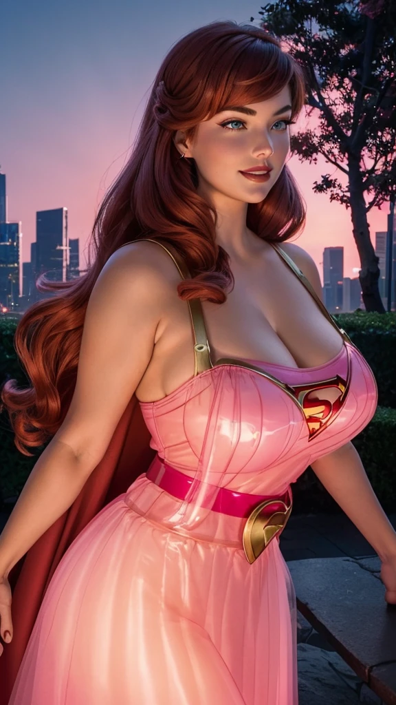 ((1 girl)), Supergirl, 29 years old, full body view, full body view, full body view, Beautiful woman shoulder length curly strawberry blonde hair, two side up with bangs, ringlets, shoulder length curly strawberry blonde hair with bangs, two side up, ringlets, shoulder length curly strawberry blonde hair with bangs, two side up, ringlets, defined body, (large_breasts:1.6) Red lipstick, smiling slightly, hands free, standing facing camera, (( jeweled sparkling spaghetti strap, purple short dress of Supergirl )), balcony city nighttime, nighttime (curvy:1.2)