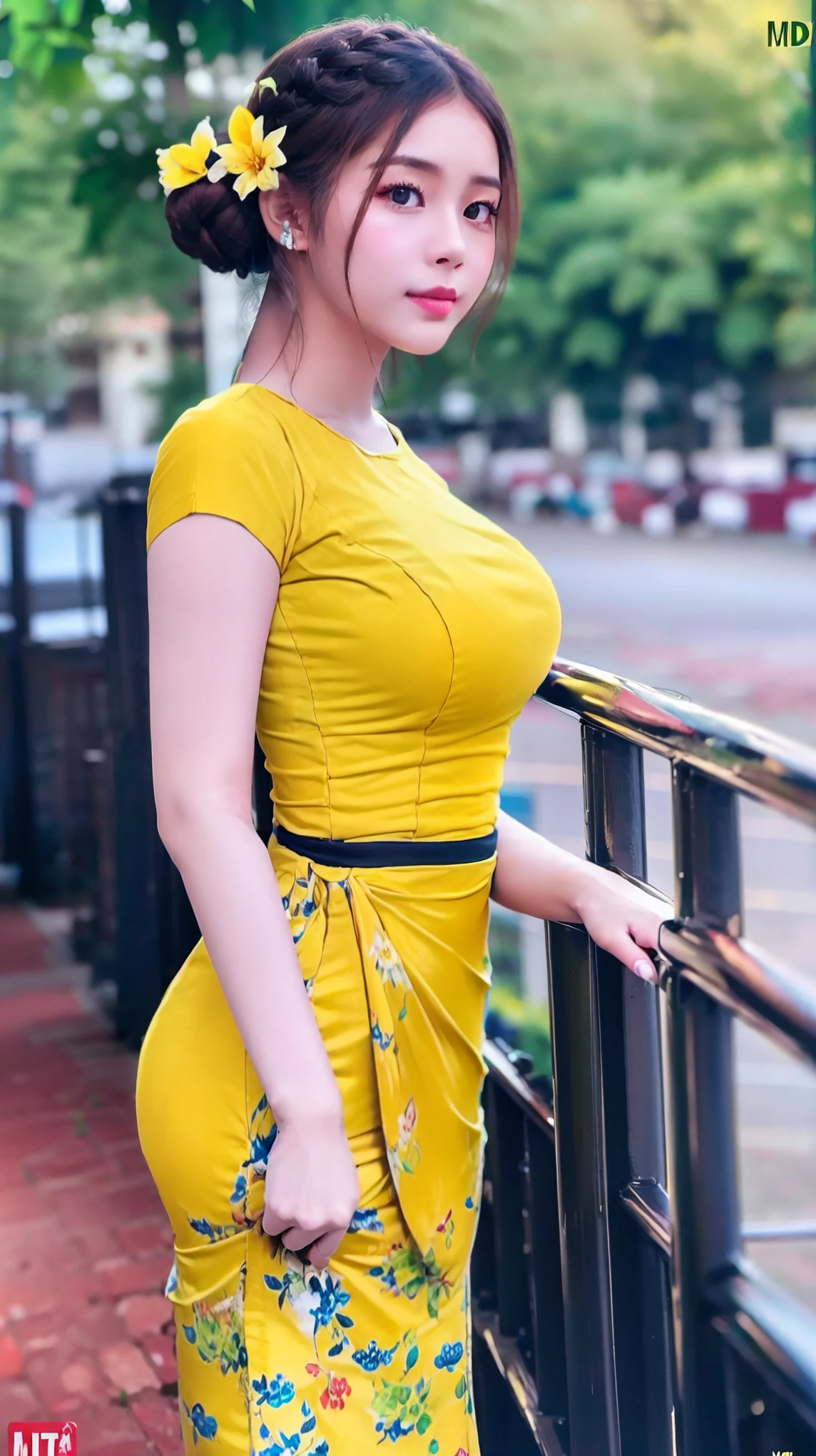 1 girl, hair bun, beautiful girl, mmTD burmese patterned traditional dress, yellow dress, outdoor, perfect light, masterpiece, best quality, ultra detailed, cinematic feels, looking at the viewer, 8k, RAW photo, realistic, photo realistic, intricately detailed, UHD, full HD, ultra resolution