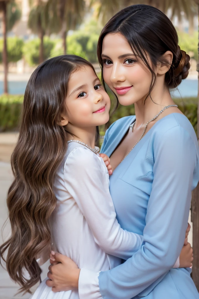 16 years old cute beautiful hot girl with smily face with stylish long hair with stylish trending modern color full stunning dress with his 2 years old cute little baby with cute full size straight pic