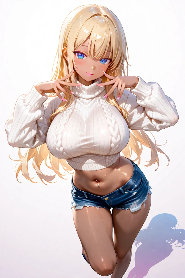 One girl, solo, Big round breasts, hips, realistic, straight hair, light blonde hair, light green eyes, white crop top, denim skirt, cute face, big lips, blush, HD, good quality, crop top, standing up, bedroom