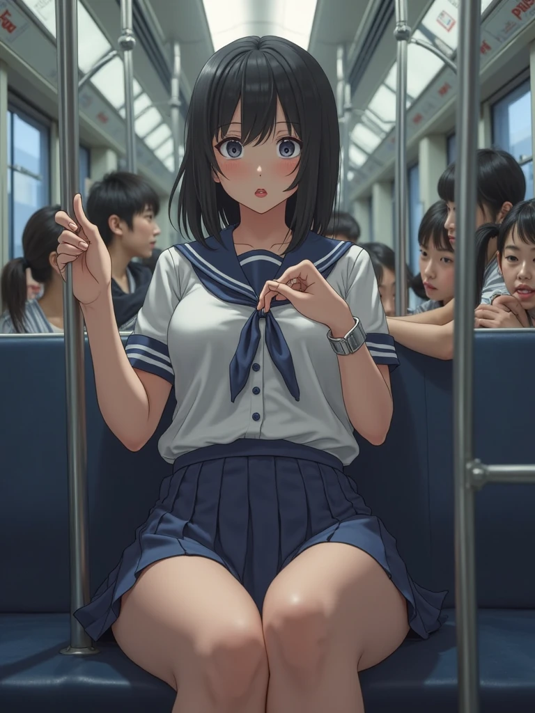 NSFW、masterpiece, 最high quality, high quality, High resolution, One girl, alone, Blue Hair, Long Hair, blue eyes, White shirt ,Black office skirt, Knee socks, whole body、Depth of written boundary, In a crowded train,(((Surrounded by men))),(((Molester)))、(((Body odor、Bad smell)))、(((Sweat)))、((((Sweat染み、Yellowing、odor))))、(((Soaking wet)))、(((((Love juice)))))、((((Detailed pussy))))、(((((Pooping)))))、((Leg spread))、(((Covered in bodily fluids)))、(((Squirting)))、(((cry)))、(((blush)))、(((Poop dripping down my legs))),(((Pee)))、(((Peeing)))、((Standing with a forward lean))、Angle from below、((Upskirt))