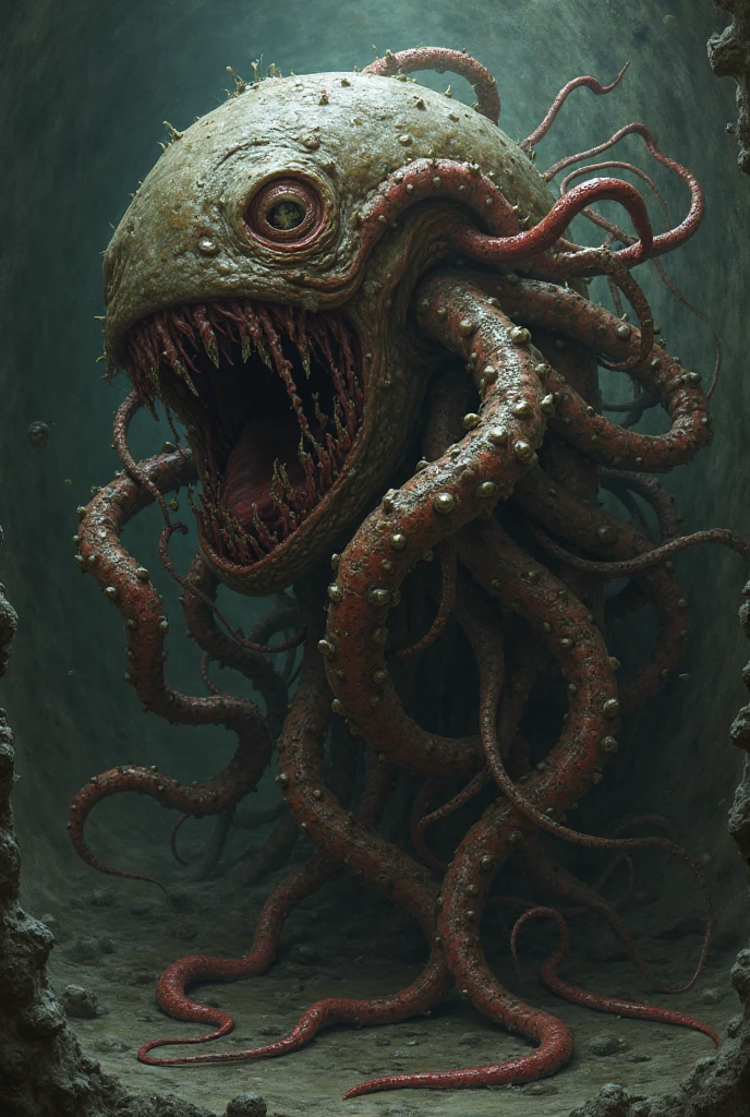 (extremadamente detallado, obra maestra, La mejor calidad), Estilo oscuro, intense illumination, rostro con arrugas, lengua larga, tentacle, deforme, monstruoso, interior de una piscina de agua verdosa, imagen submarina, alien con Colmillos finos, pico de pulpo amenazante. manchas de tinta. Rococo composition. Luz de caravaggio