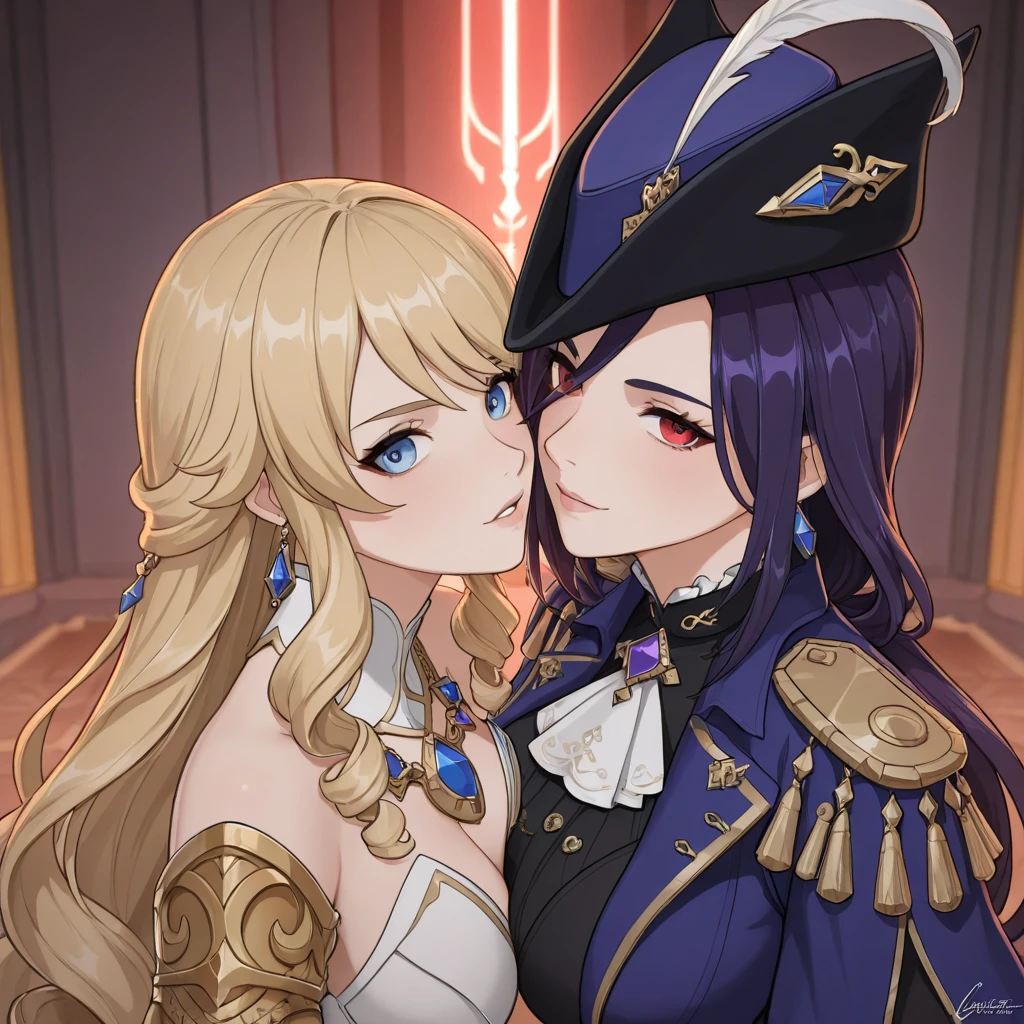 est quality),Very detailed, 2 girls seductive erotic female face with scratches busty Navia Shogun Raiden kiss