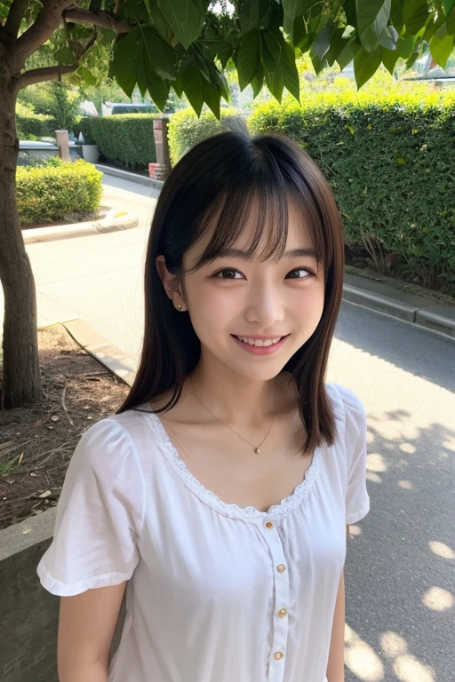 (Highest quality、8k、32K、masterpiece、Ultra-high resolution:1.2)、Cute Japanese Women Photos、Laughter、Beautiful Face、(Hunchback:1.3)、squat、(From above:1.2)、(Close-up:1.4)、throw、Loose fitting T-shirt、Big ample breasts、(Beautiful nipple exposure:0.9)、outside of home、Wind、Glowing Skin、Blurred Background、