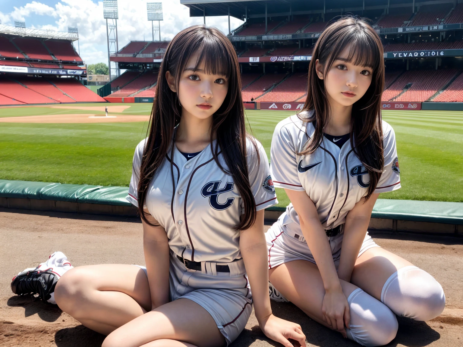 (RAW photo, 4k, masterpiece, high resolution, extremely complex) (realistic: 1.4), cinematic lighting
 ((2 girls)),Slam Dunk's,blushing,((innocent)),(Dark makeup),bright eyes,round eyes,blunt bangs,(straight hair:1.3),black hair,large breasts,wide hips,Summer Noon, 20 year old girl、cute type、lolita,Hot, (Best Quality), (Highres), (an Extremely Delicate and Beautiful),(Beautiful 8k face),(Brown eyes),short bob hair,( spectators),(gigantic breasts),(Play with each other,Touching each other's bodies,Touching the body),((Baseball Uniforms), a miniskirt, Toned buttocks),(reality),bright lighting,(The background is a luxury hotel room)