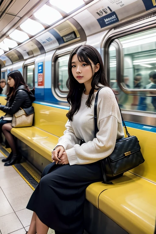 On the bench seat on the train10a man and a woman are sitting、Half of people use smartphones、half the people are naked、nsfw