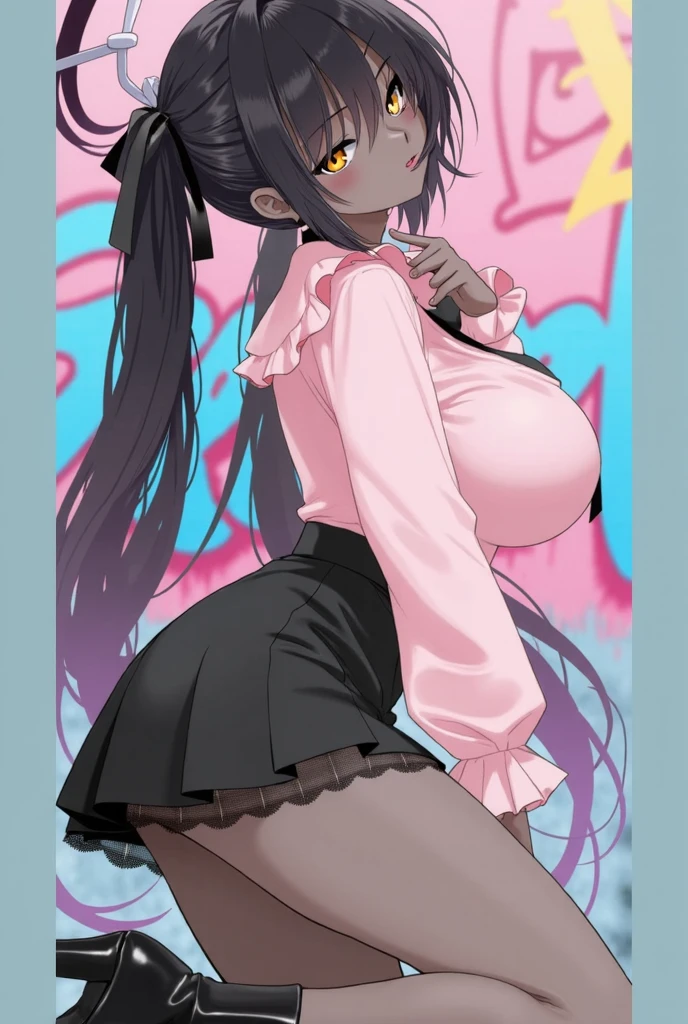 ((1 girl)), thick bluish eyeshadow, thin eyebrows, thick black eyeliner, Highlighted eyes with eyeliner, false eyelashes,,(tanned skin:1.2),yellow skin, black hair, lightsmile,gyaru,huge breast,neckress,button gap, sleeves rolled up, white bracelet, BREAK cleavage, BREAK pink pleated skirt, black miniskirt,pink bra,pink panty,pink yshirt,((cute face))